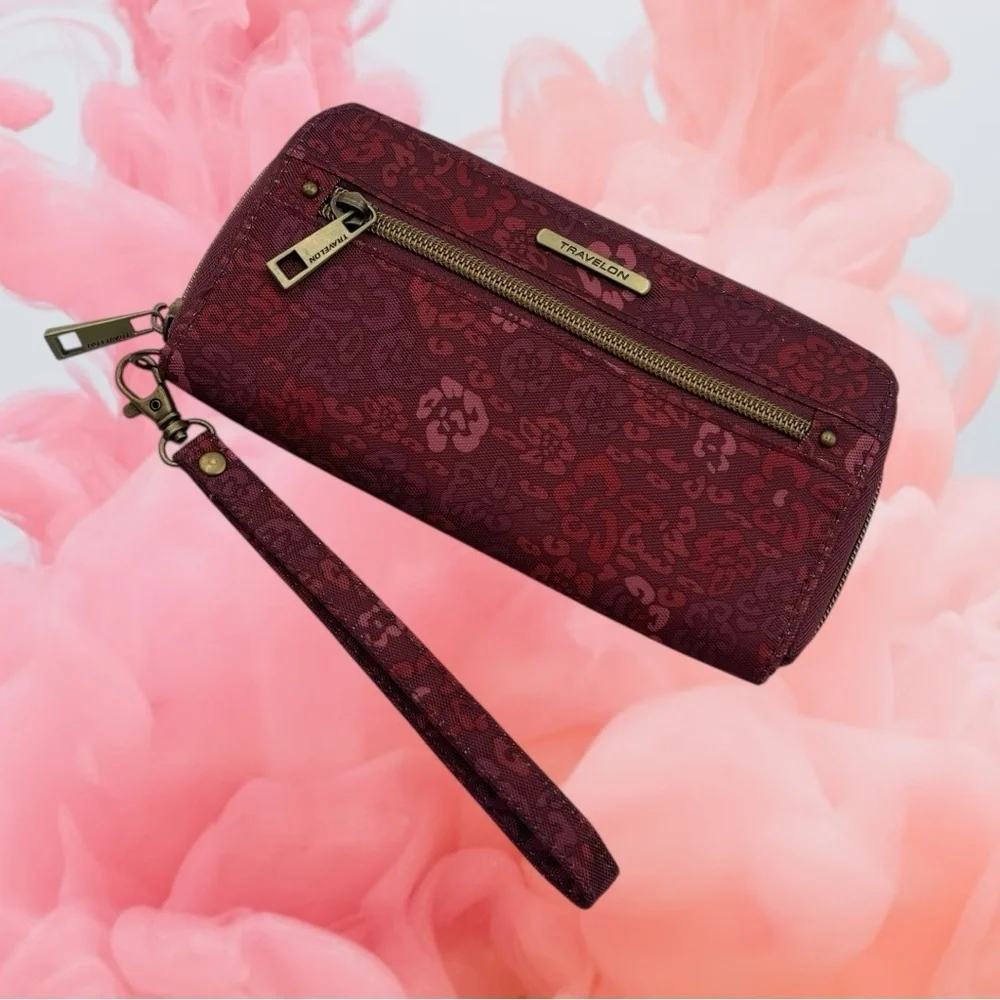 Travelon RFID Blocking Single Zip Wallet Floral Burgundy Rose Design
